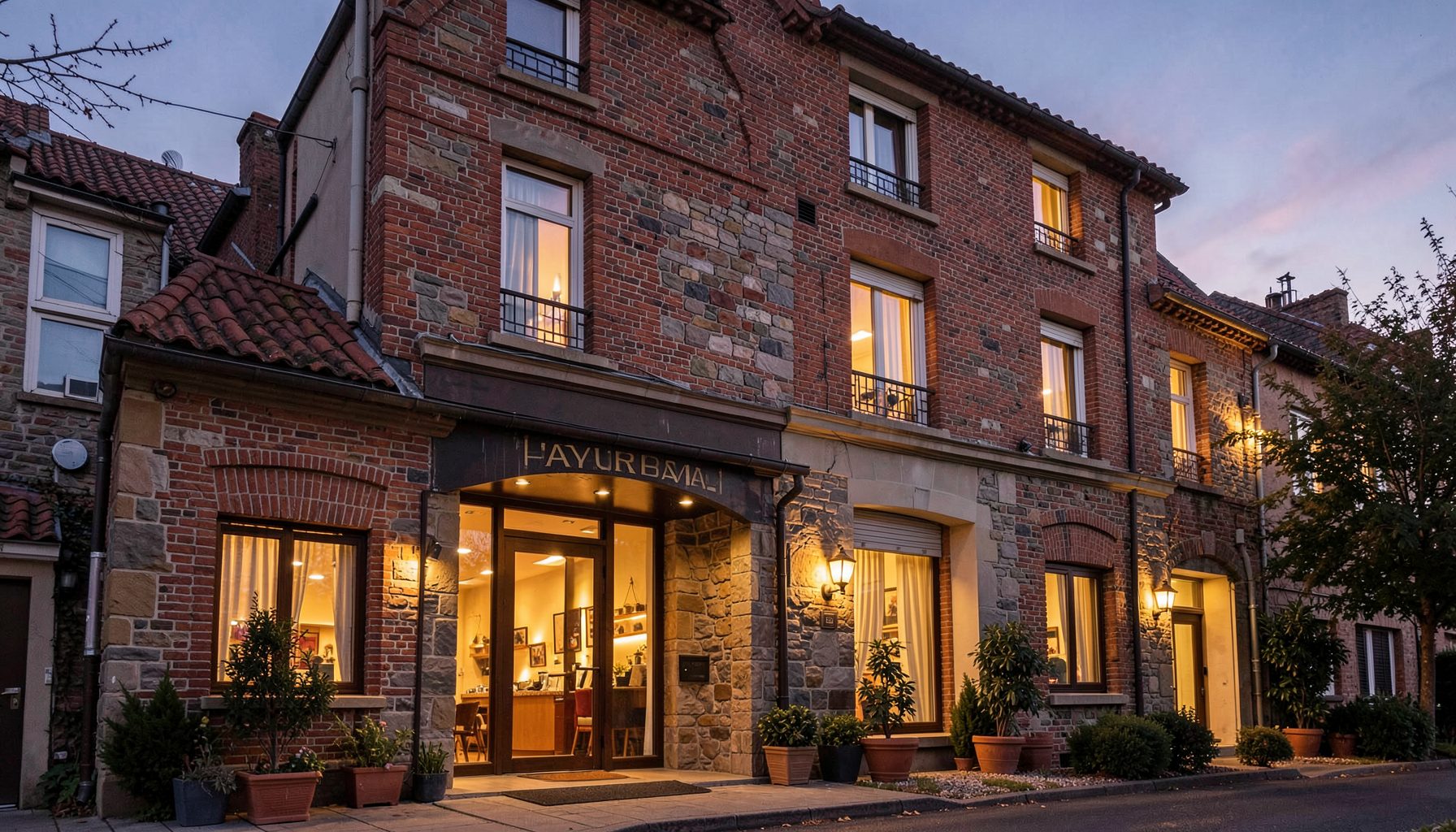 Façade d'hôtel accueillante au crépuscule, tons chauds de brique et de pierre, éclairage doux