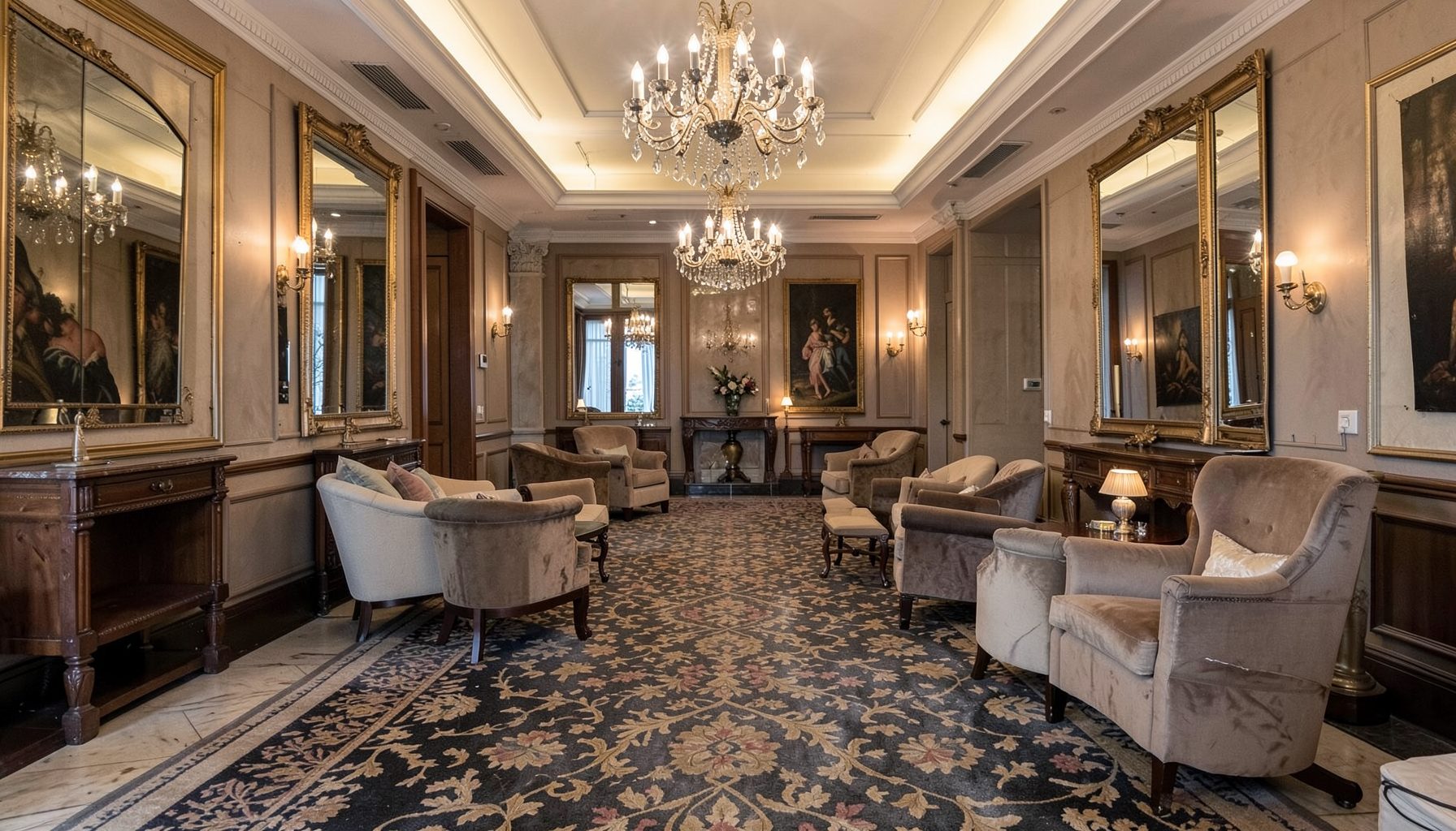Hall d'hôtel élégant avec lustres, tapis à motifs, miroirs et fauteuils dans des tons neutres et chaleureux