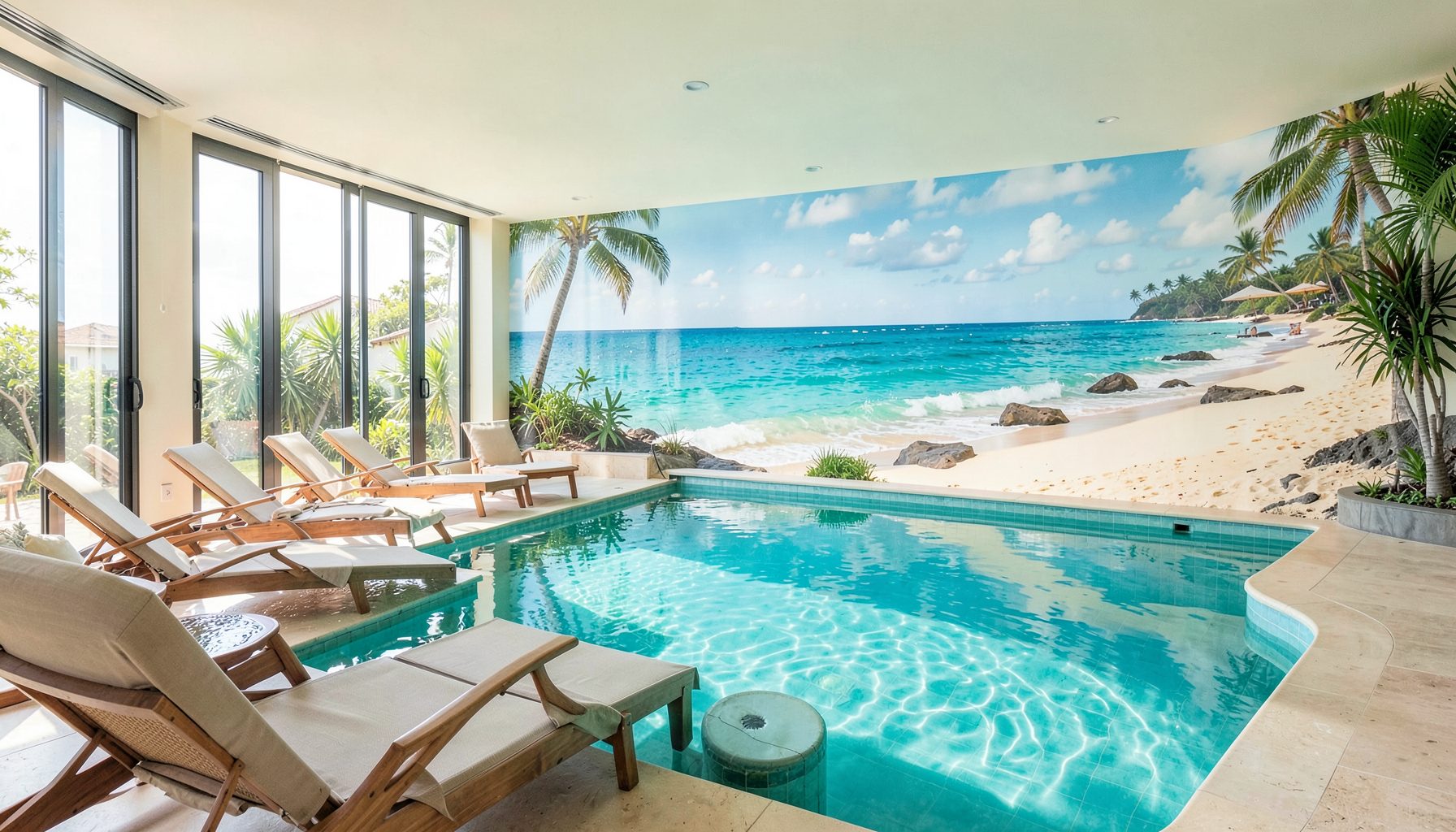 Piscine intérieure avec eau turquoise, chaises longues et grande fresque murale de plage, ambiance lumineuse et relaxante